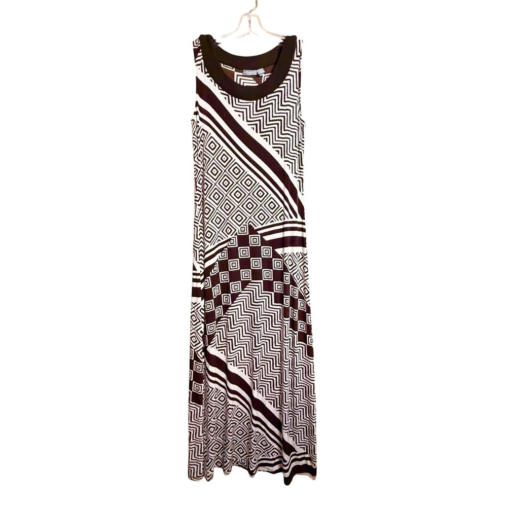 Chicos Travelers Maxi Dress 0‎ Brown Cream Geometric Sleeveless USA Resortwear